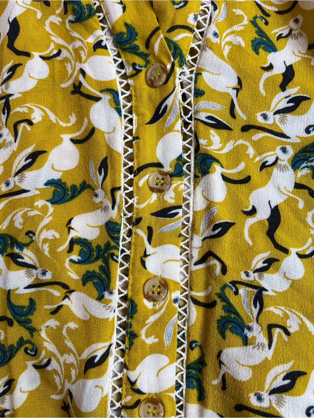 Maeve Anthropologie Shirt Womens 6 Yellow Rabbit Print Peplum Long Sleeve Ruffle - Picture 10 of 13